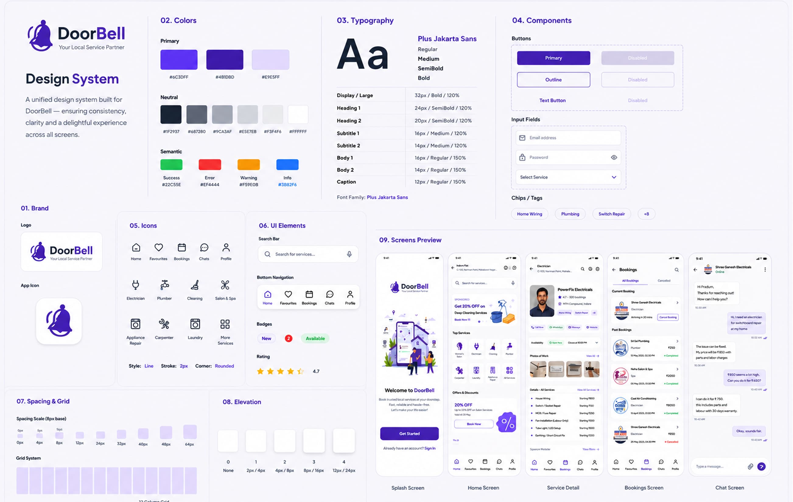 DoorBell design system — colors, typography, components, icons, UI elements, and screen previews