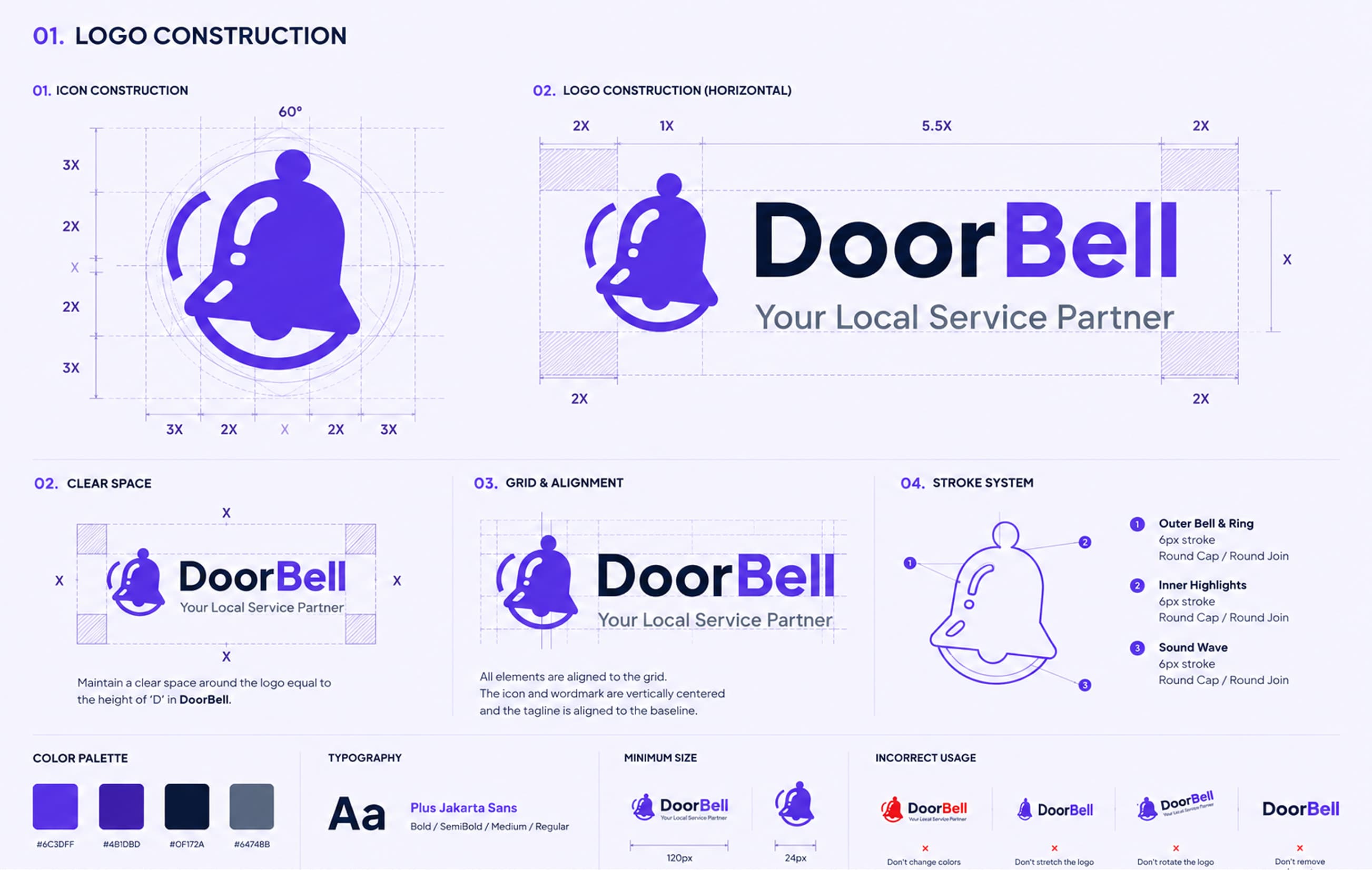 DoorBell logo construction — icon construction, horizontal lockup, clear space, grid alignment, and stroke system