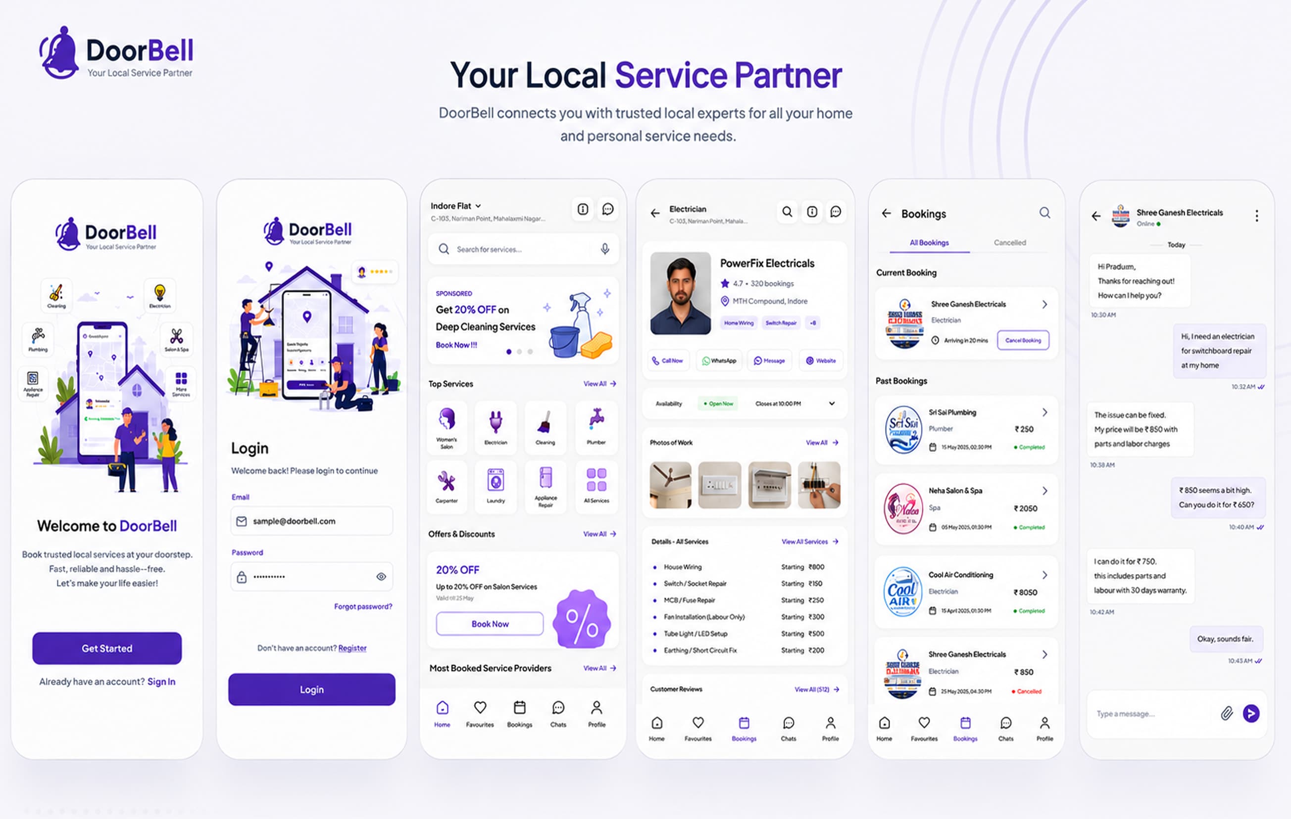 DoorBell mobile UI — onboarding, login, home, provider profile, bookings, and chat screens
