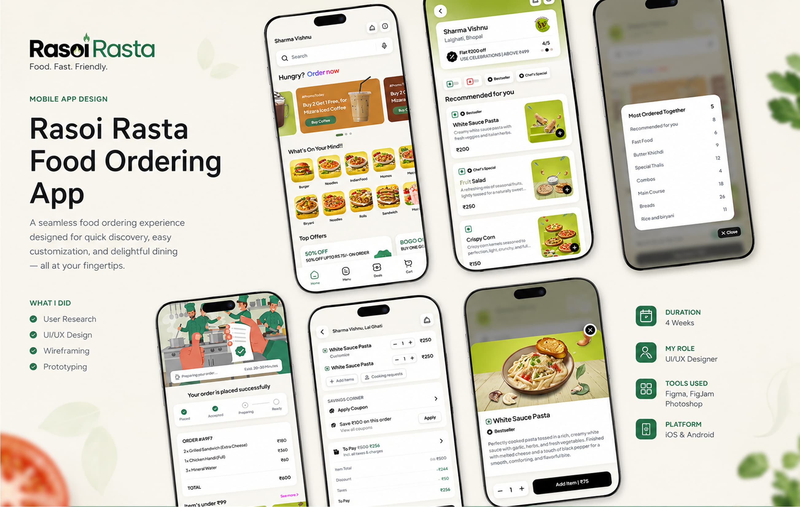 Rasoi Rasta food ordering app — mobile screens showing discovery, customization, and checkout